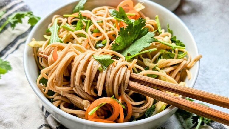 chopsticks twirling cold soba noodles salad with veggies in a bowl for lunch