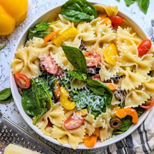 italian farfalle pasta salad recipe healthy bowtie noodle salad with Italian vinaigrette dressing.