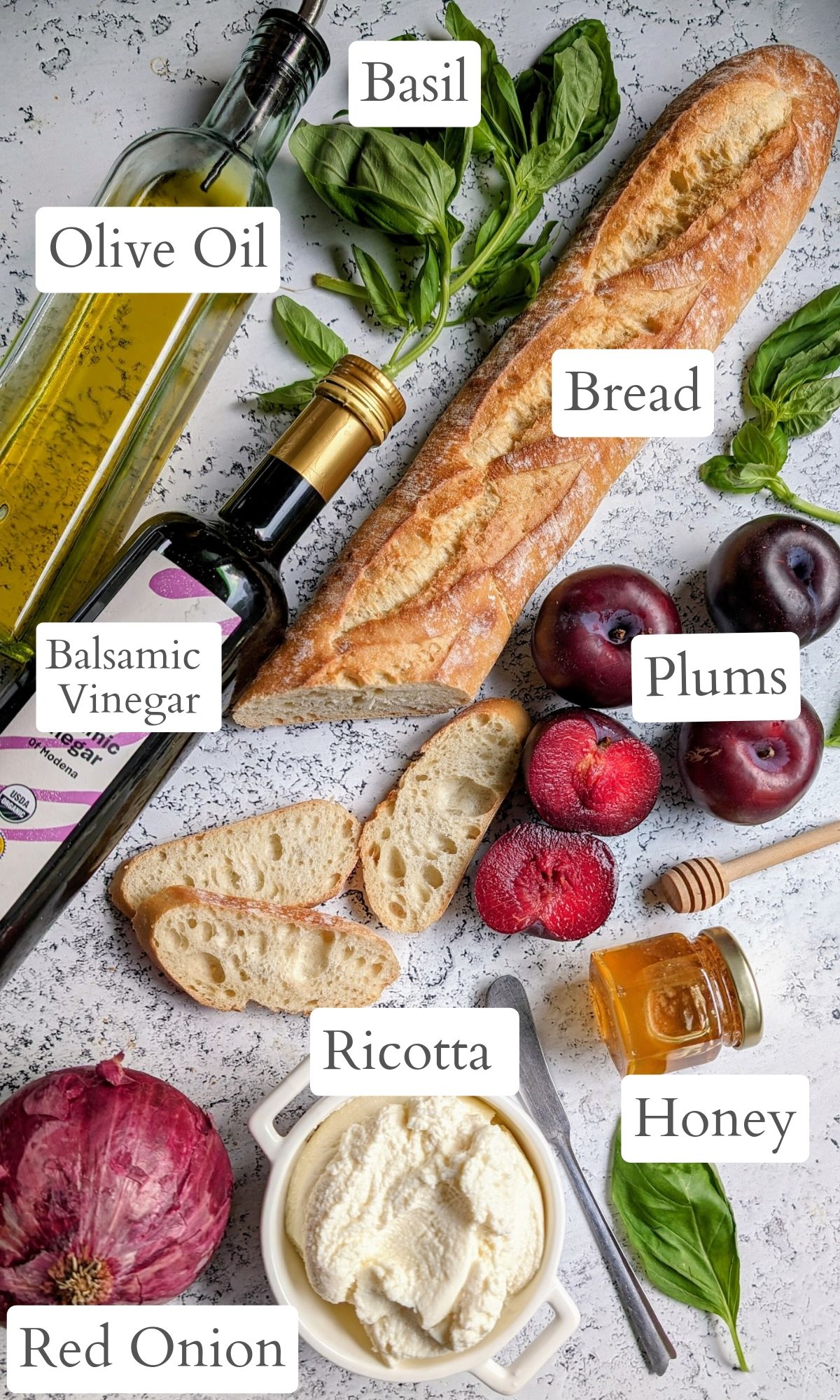 ingredients for plum bruschetta with ricotta cheese: olive oil, balsamic vinegar, red plums, honey, basil, bread, and red onion.