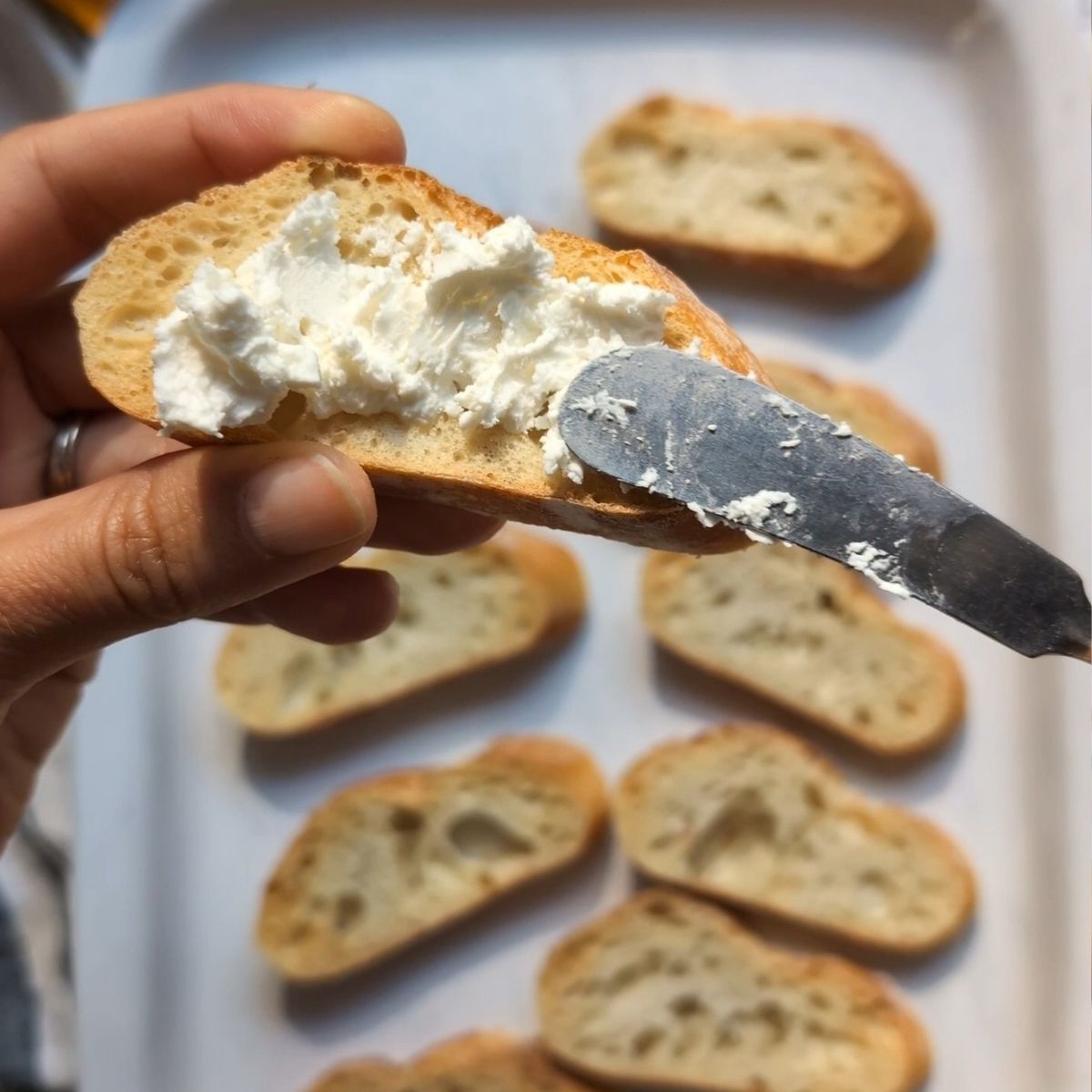 a toasted crostini being spread with plain chevre goat cheese with a cheese knife.
