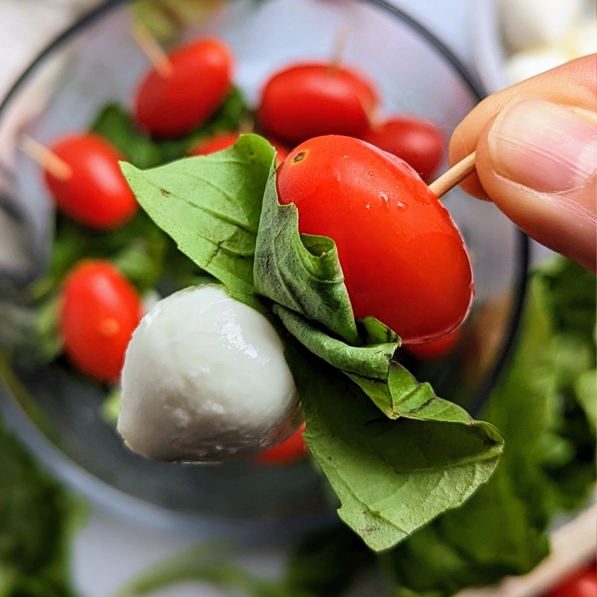 a mini toolthpick with a caprese skewer on it with a ball of fresh mozzarella, fresh basil, and a cherry tomato.