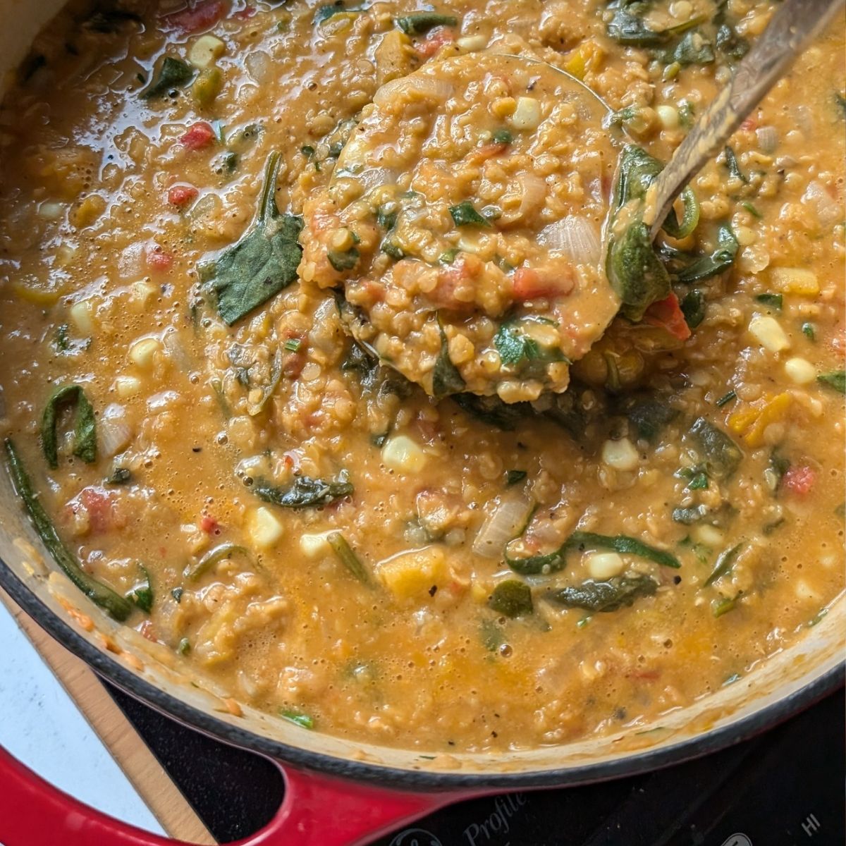 a large pot of vegan and vegetarian dahl with butternut squash and lentils with a ladle in the pot ready to scoop into a bowl.
