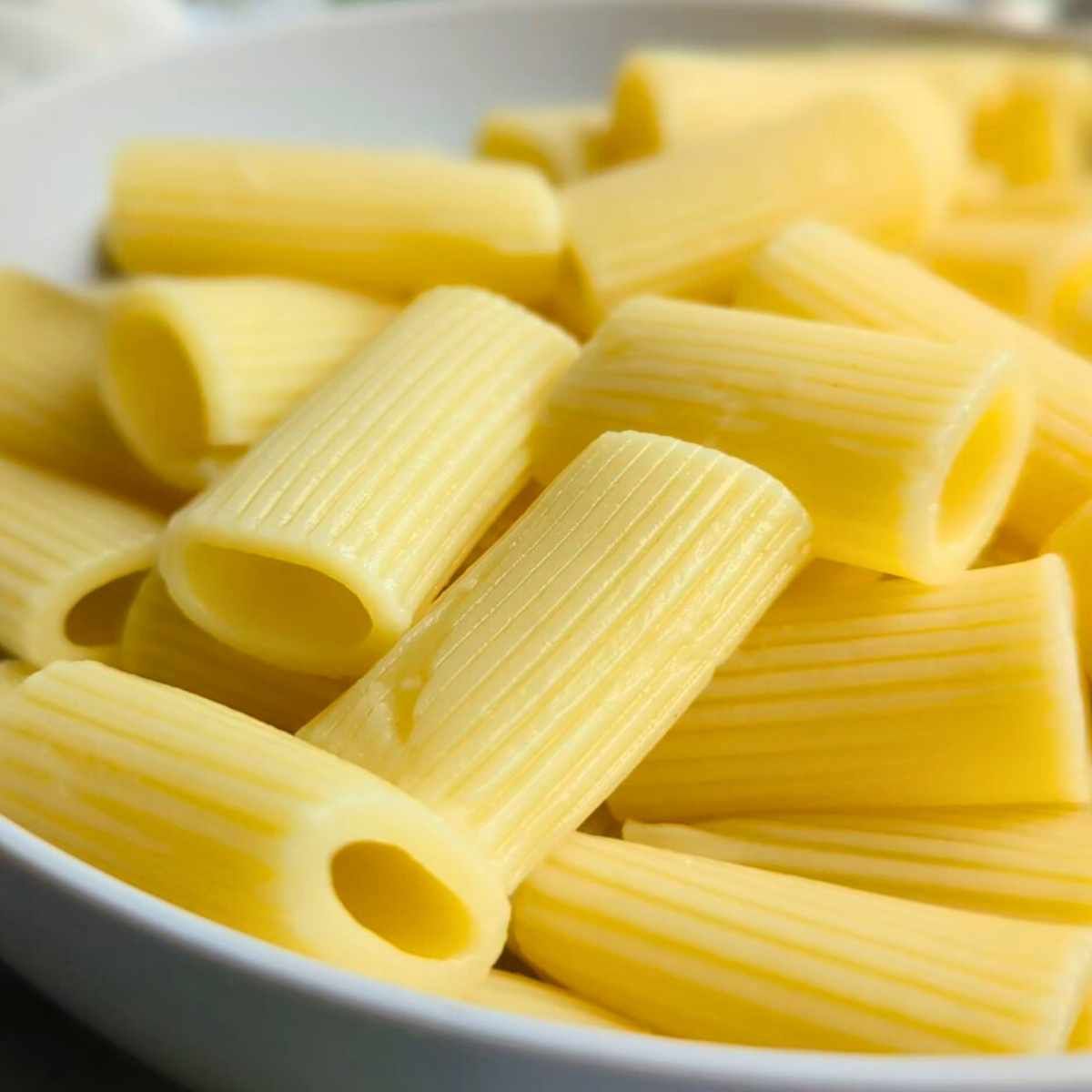 cooked rigatoni noodles in a bowl ready for sauce.