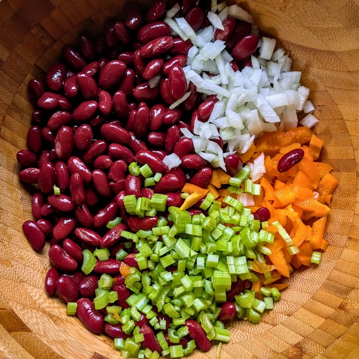 a large bowl of kidney beans, chopped celery, bell peppers, and diced onions.