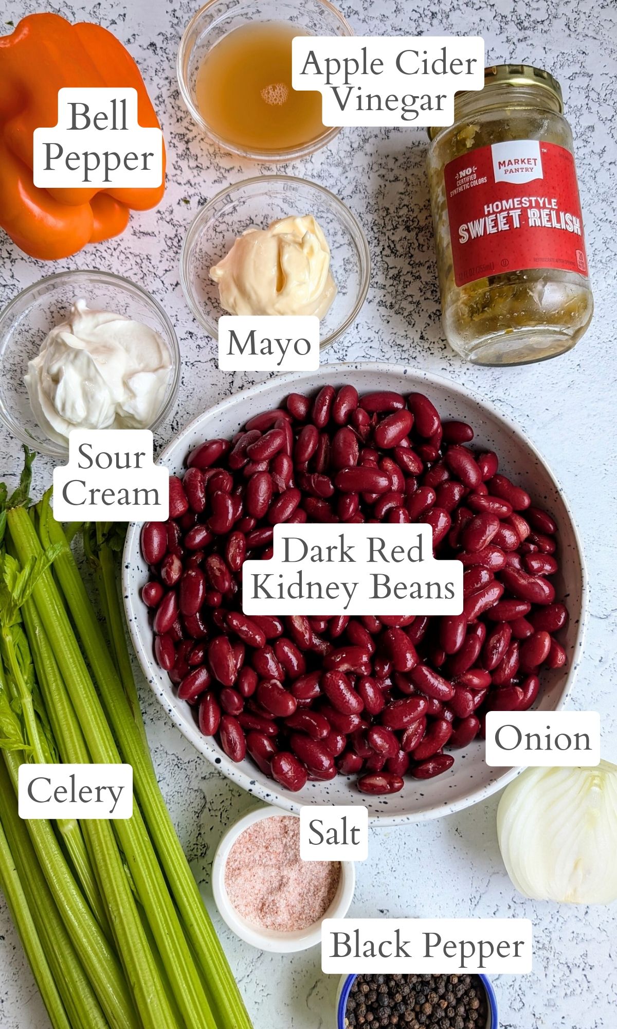 ingredients for creamy kidney bean salad with mayonnaise and sour cream like white fence farm makes.