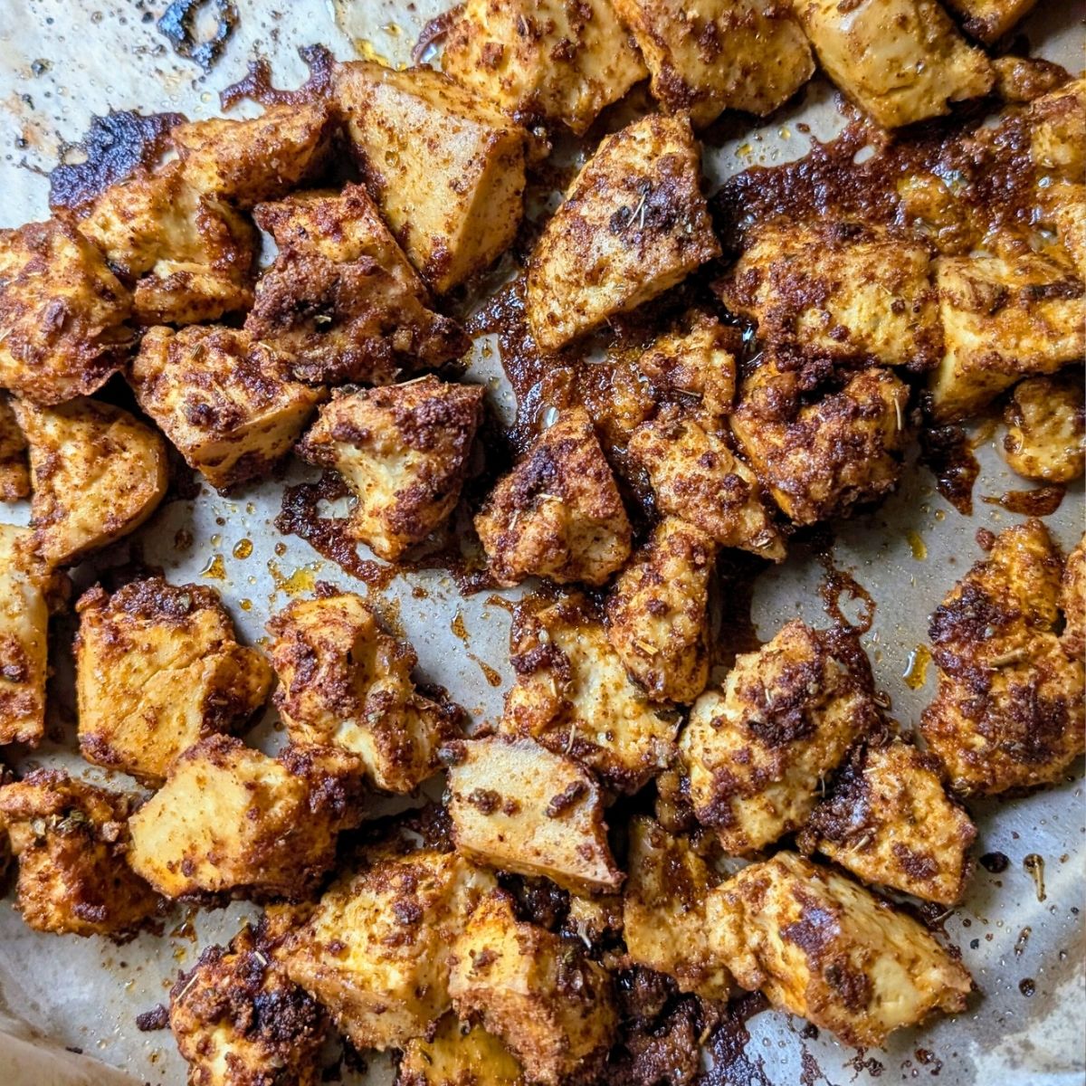 oven baked tofu shawarma recipe with middle eastern spices on one pan.