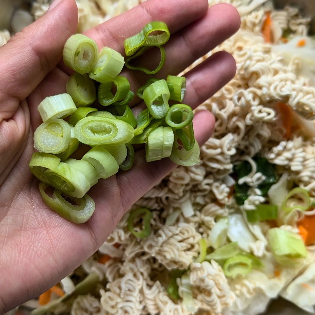 green onions added to a coleslaw ramen noodle salad.