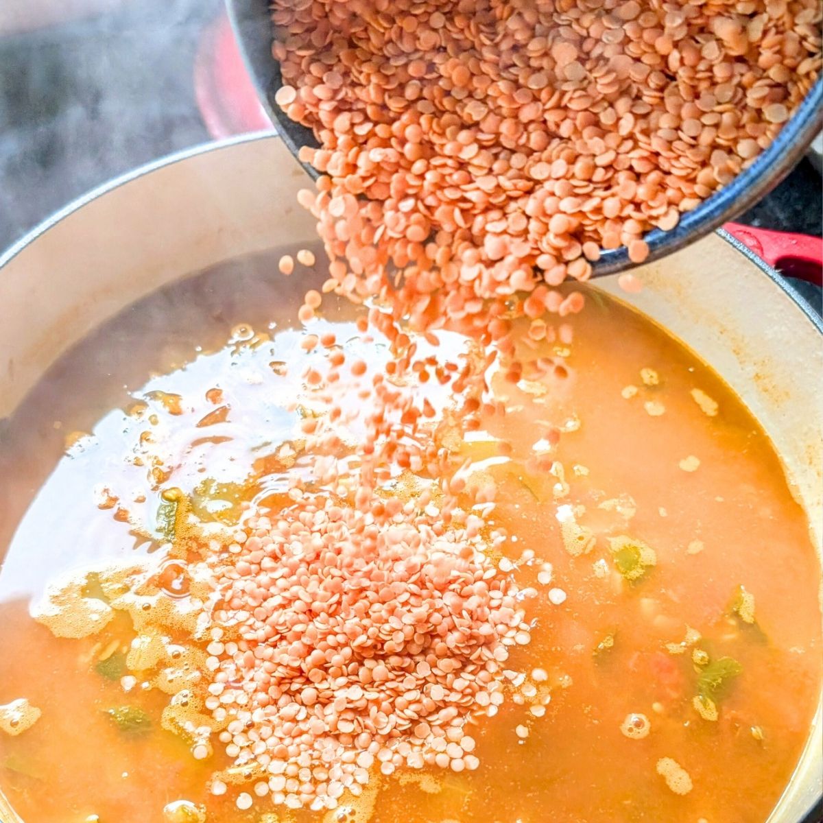 red lentils being added to a pot with fresh vegetable soup and veggies.