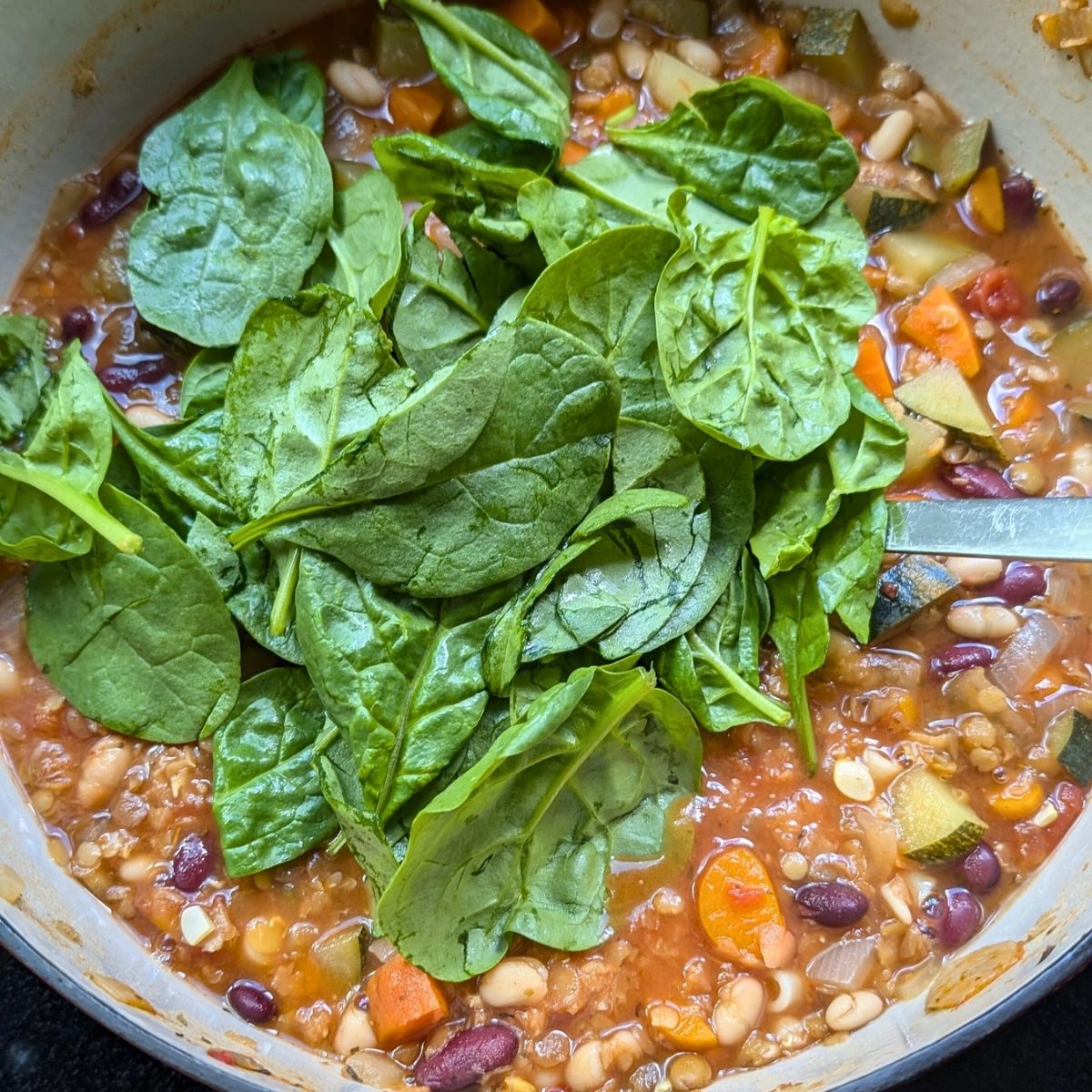 fresh spinach being stirred into a pot of lentil pasta fagioli soup with beans and ditalini noodles.