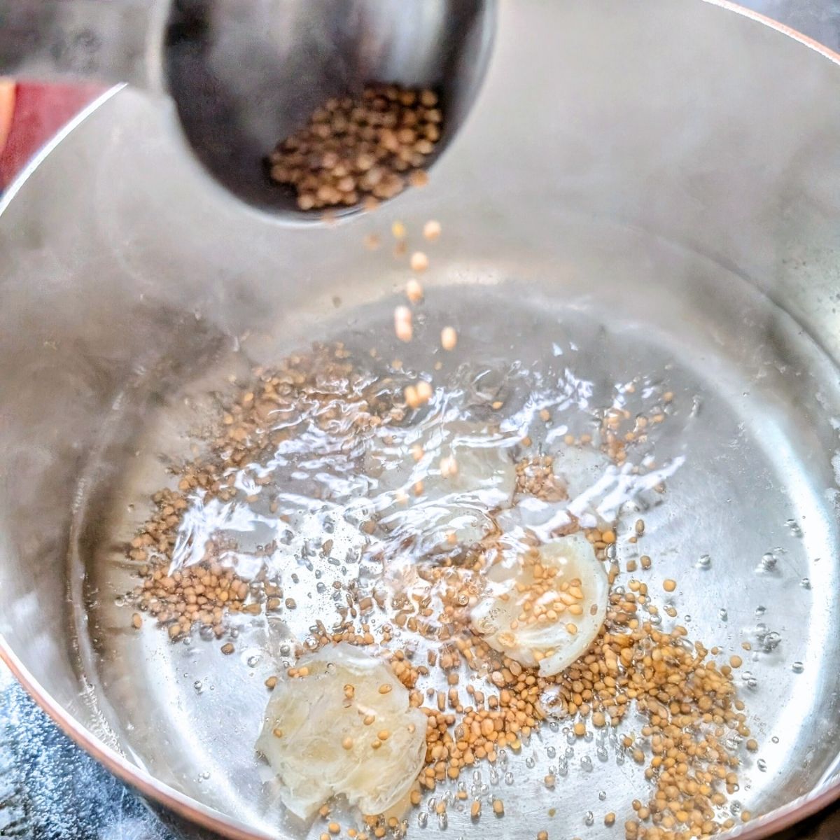 a pot of pickle brine with added garlic and mustard seeds.