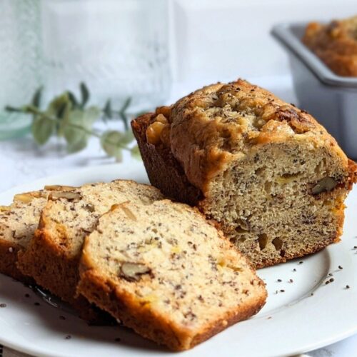 chia seed banana bread recipe easy and easy recipes for mashed bananas baking with banana in mini loaves or muffins, sliced on a plate with a mini loaf of banana bread in the background.