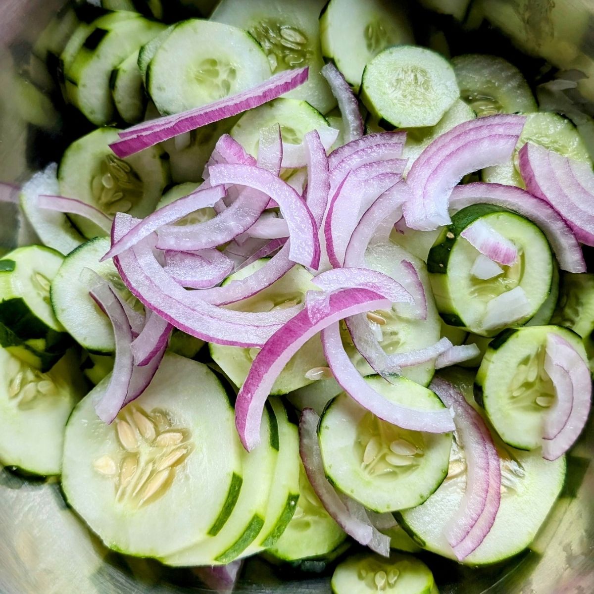 thinly sliced red onions and cucumbers in a bowl for a garden fresh salad idea.