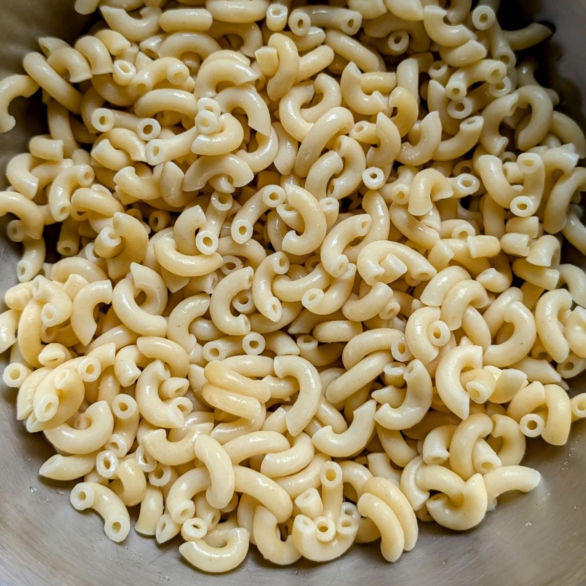 cooled macaroni noodles in a bowl to make creamy pasta salad.