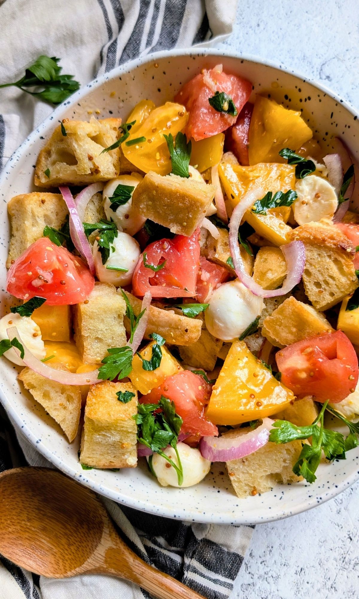 panzanella with sourdough bread and sliced tomatoes and onions with fresh herbs and a delicious garlic vinaigrette dressing.