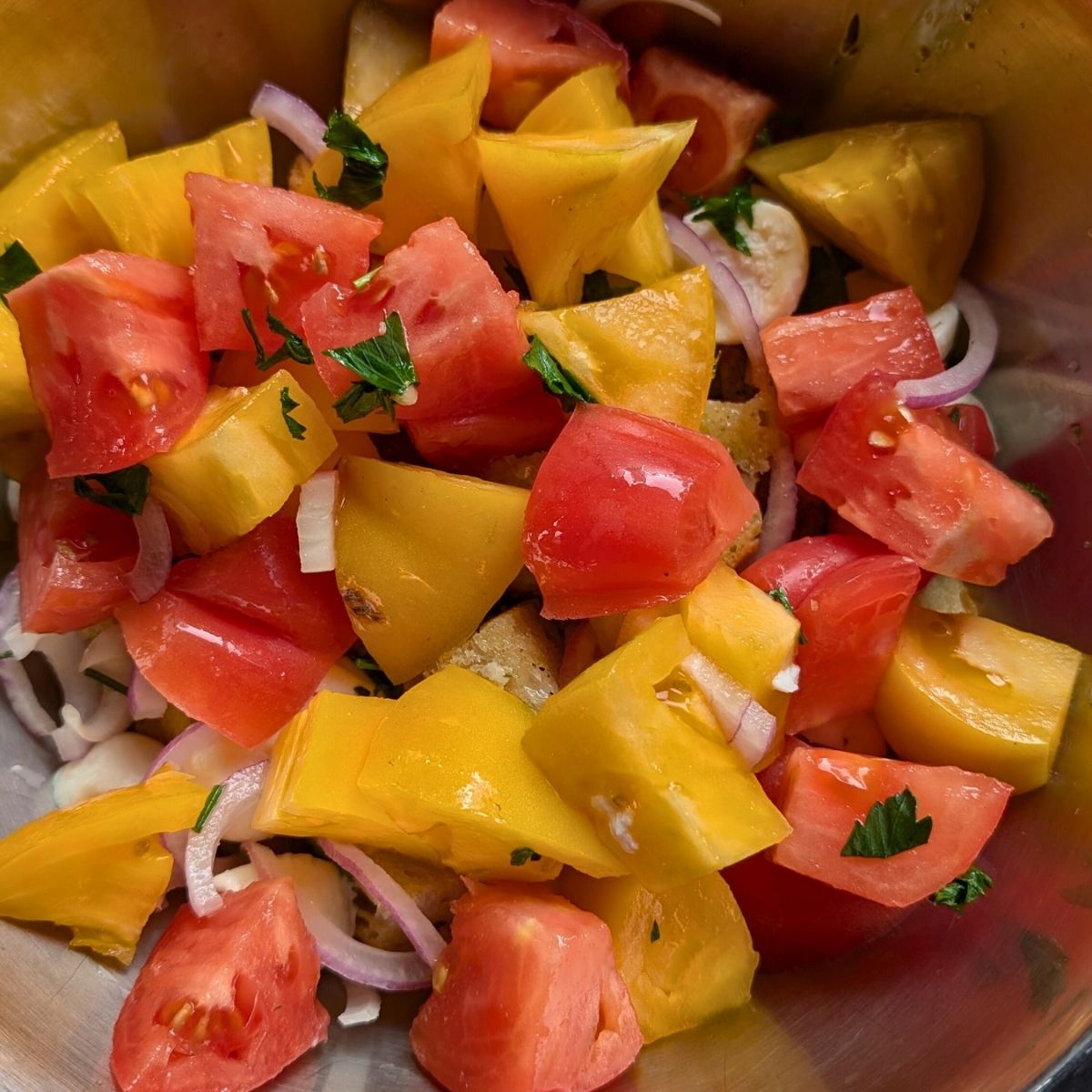 fresh tomatoes and sourdough bread salad to make a summer panzanella with sourdough croutons.