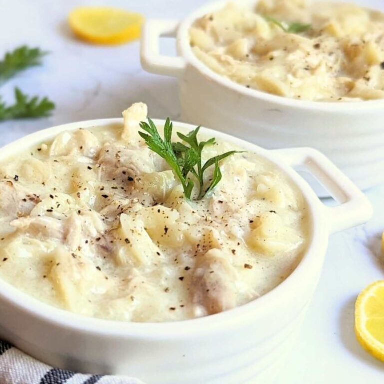 dairy free avgolemono recipe with rotisserie chicken lemon juice dill eggs and chicken bone broth.