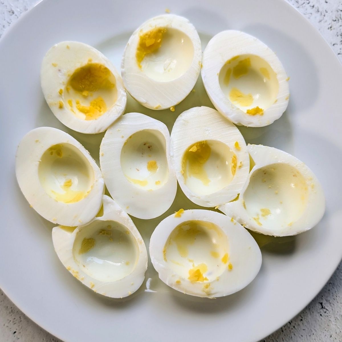 hardboiled egg whites without the yolks, ready for deviled egg filling.