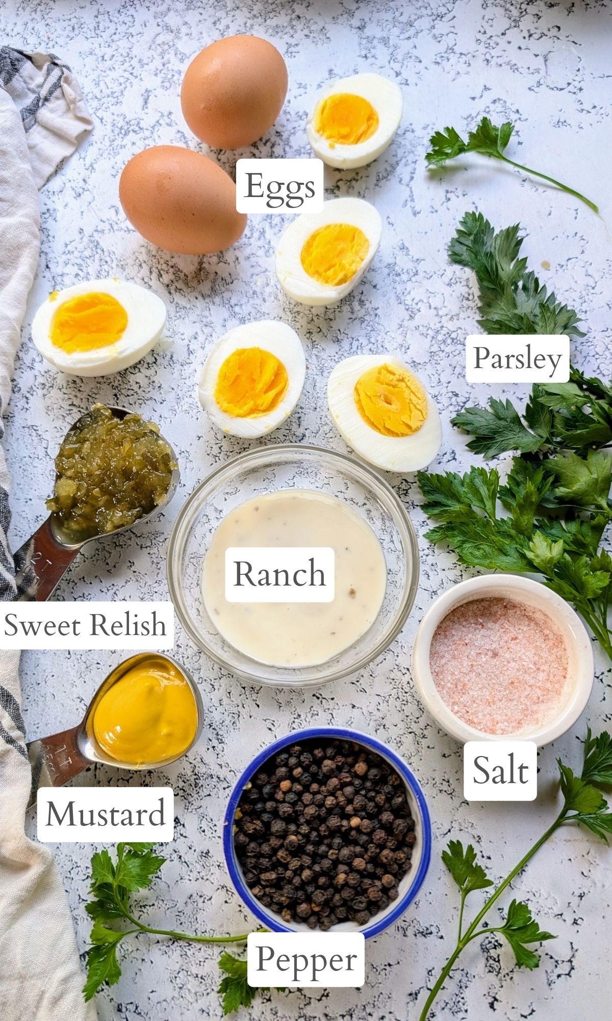 ingredients for ranch deviled eggs with ranch dressing no mayo salt better and sweet relish