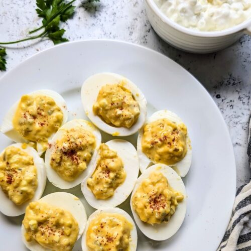 deviled eggs with cottage cheese filling no mayo or mayonnaise for high protein deviled eggs.