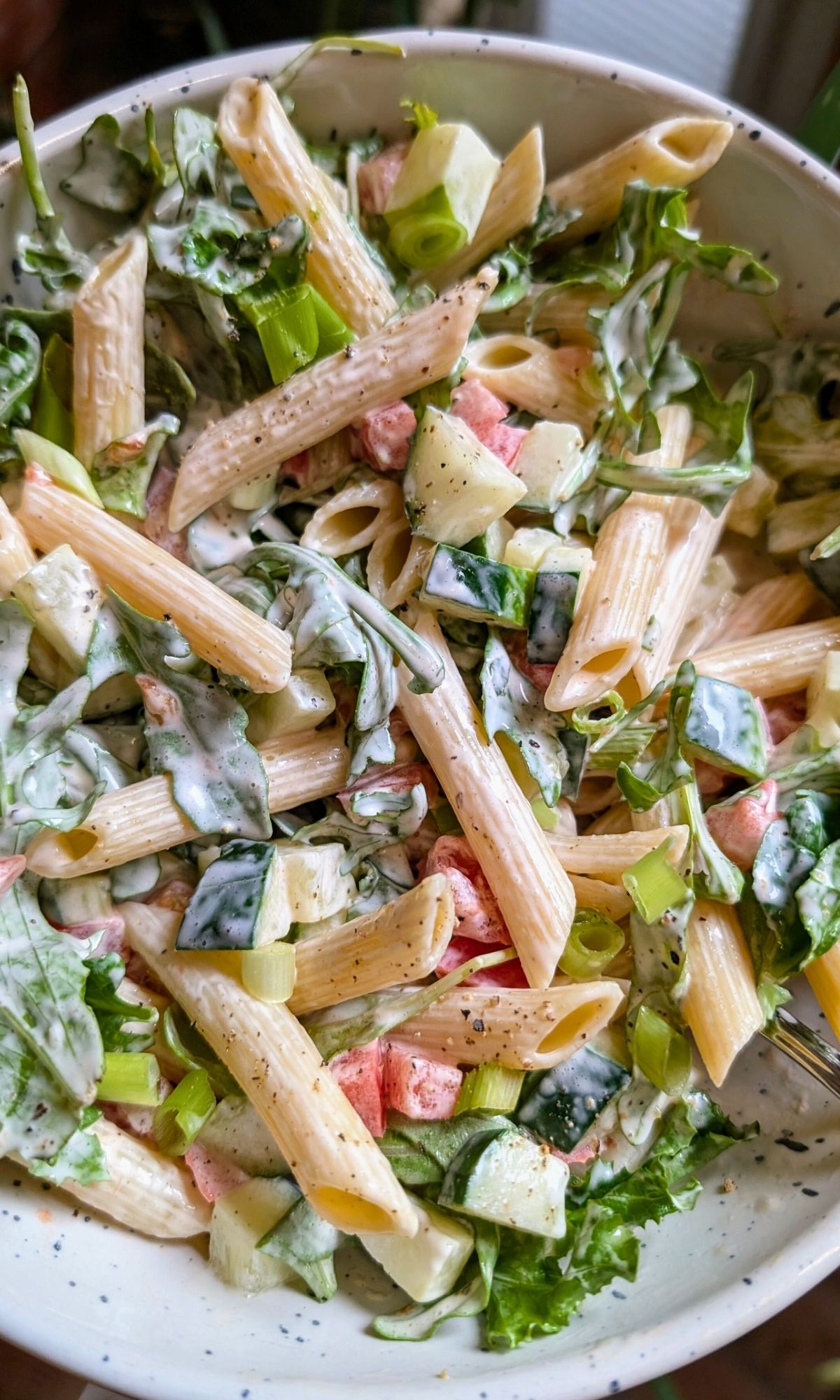 pasta salad with arugula noodles with cucumbers and mayo dressing vegetarian potluck dishes