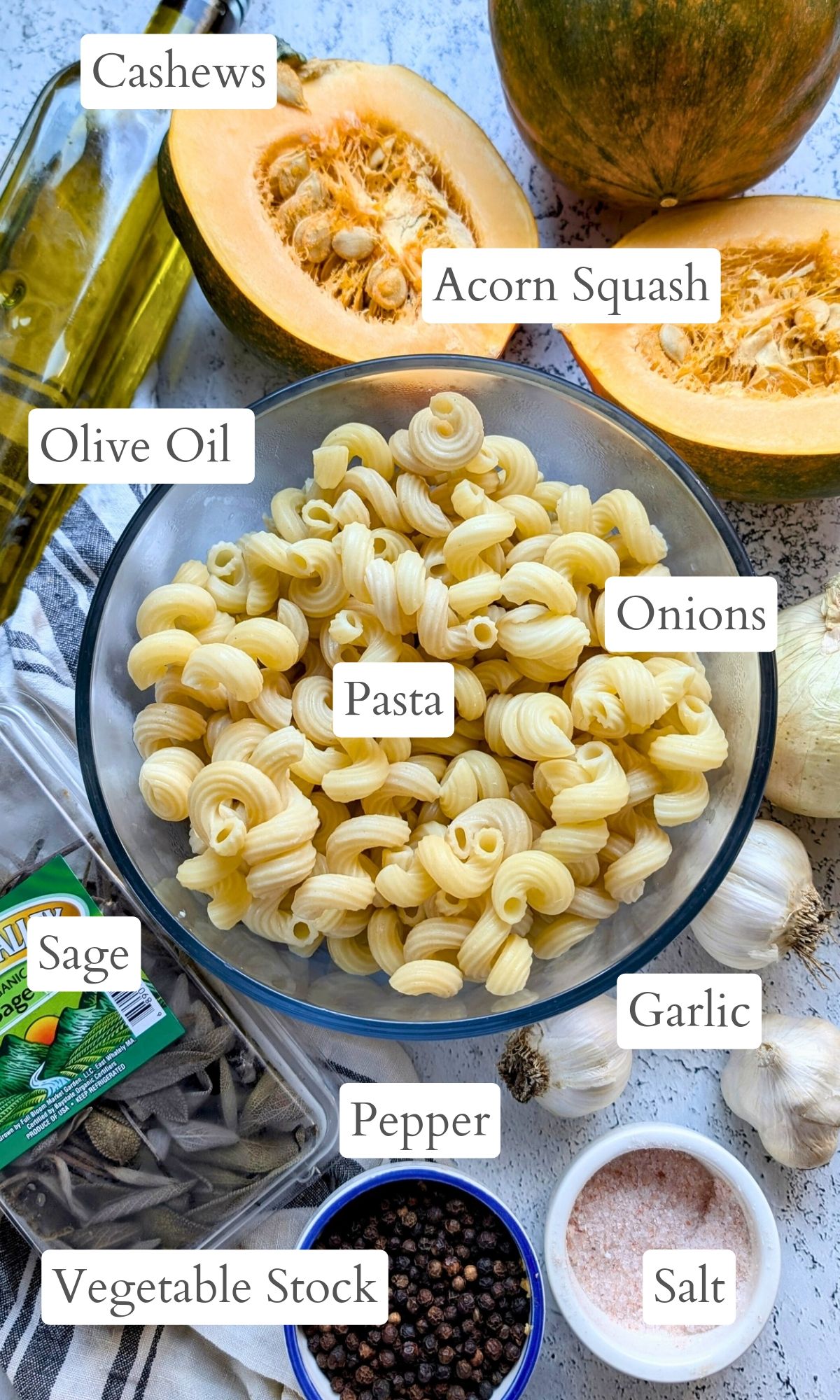 acorn squash sauce ingredients like pasta, olive oil, nutritional yeast, cashews, onions, and garlic.