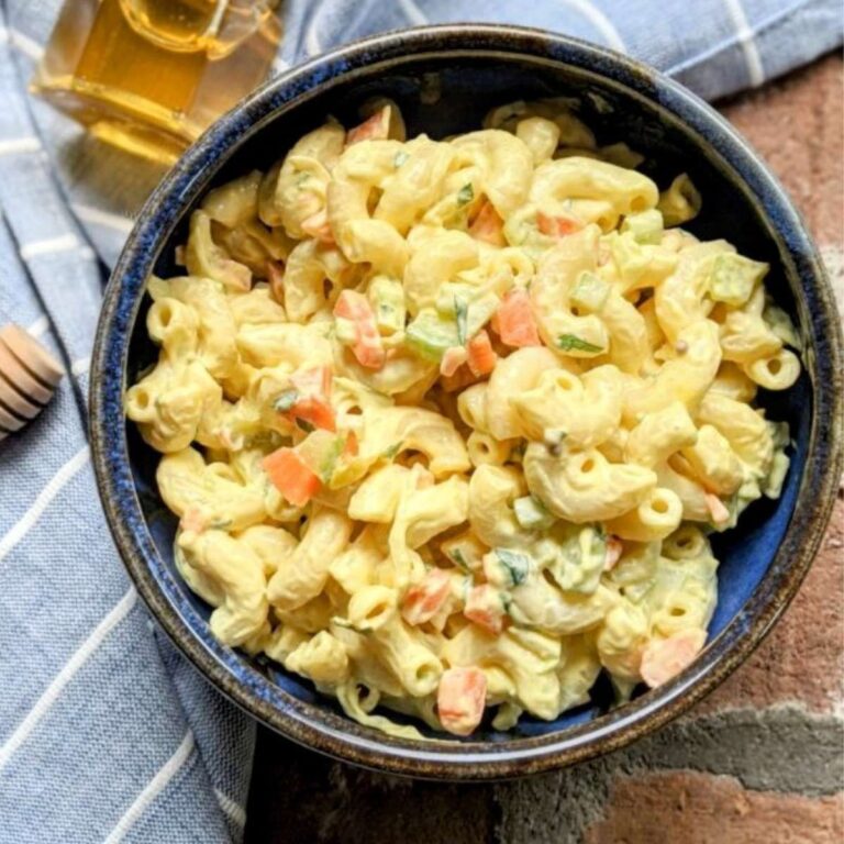 honey mustard pasta salad recipe with veggies and a homemade mayo dressing.