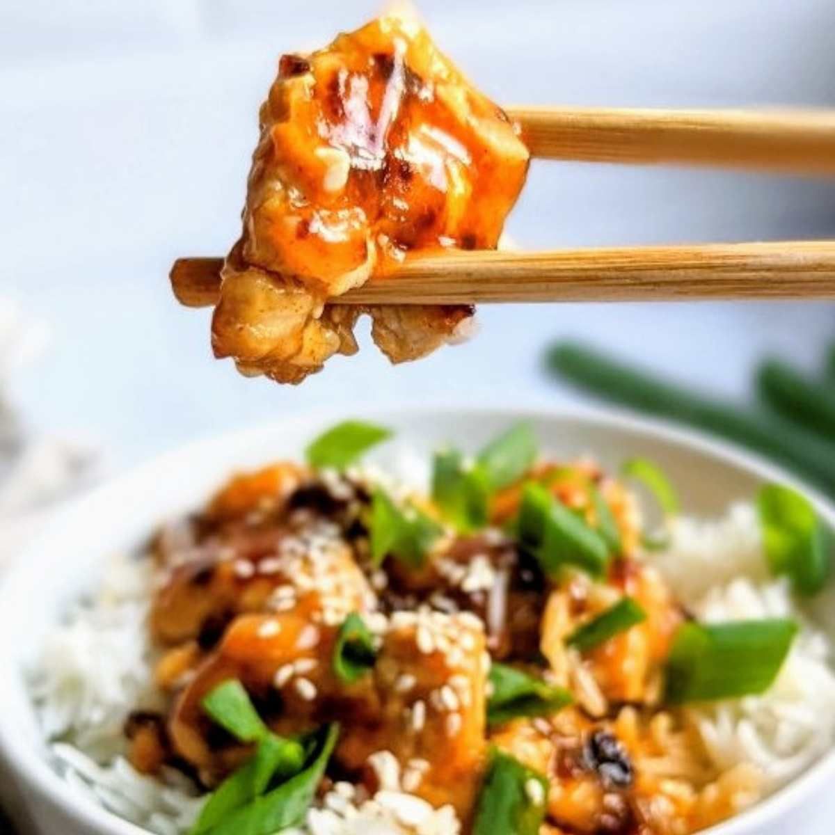 vegan orange chicken recipe with tofu and a sweet and spicy orange sauce.