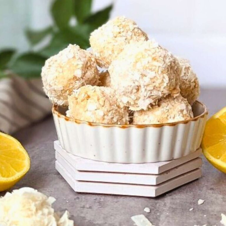 lemon coconut balls recipe with cashews and almonds and shredded coconut and fresh lemon juice