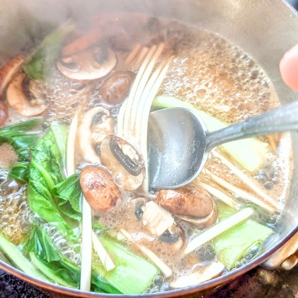 a spoon stirring vegetarian udon noodle soup with boy choy and mushrooms for a quick work from home one pot soup.