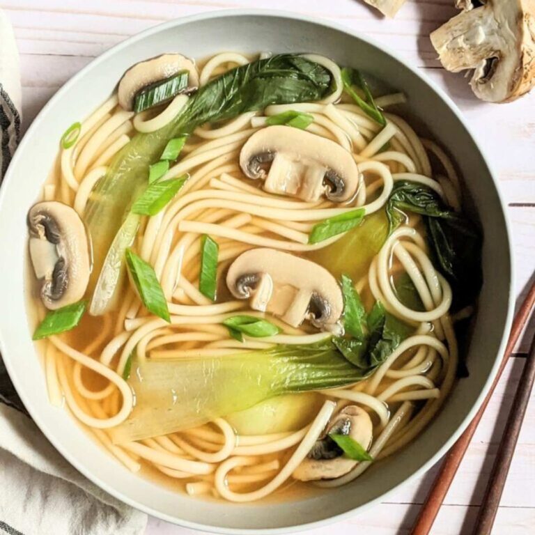 vegetarian udon noodle soup recipe with mushrooms and boy choy in a soy sauce broth.