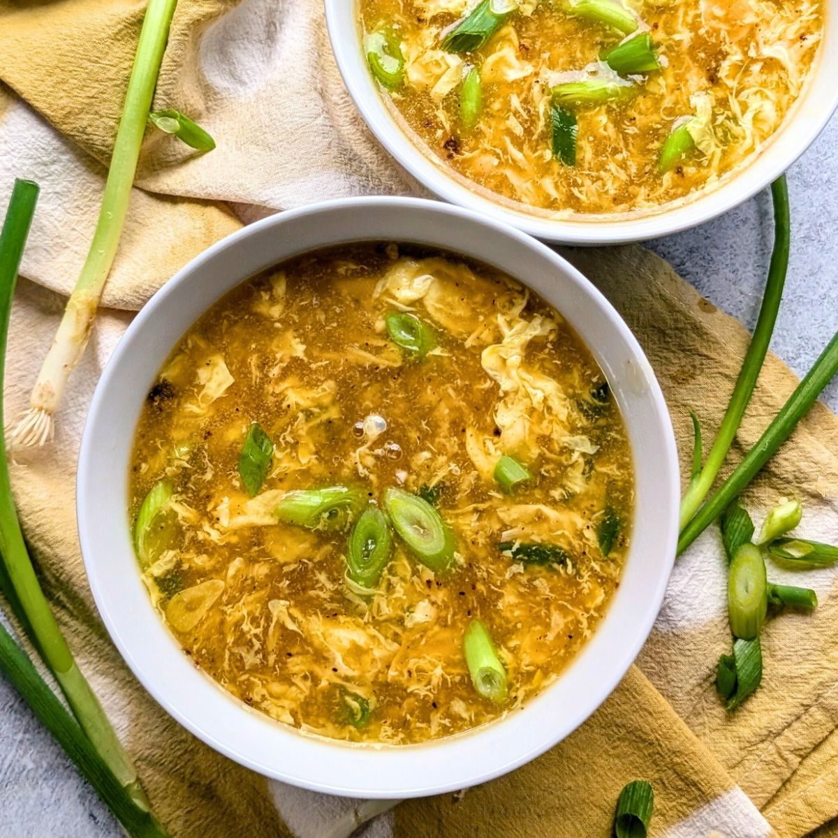 meatless egg drop soup vegetarian recipe with eggs, vegetable stock, and no chicken or meat added.