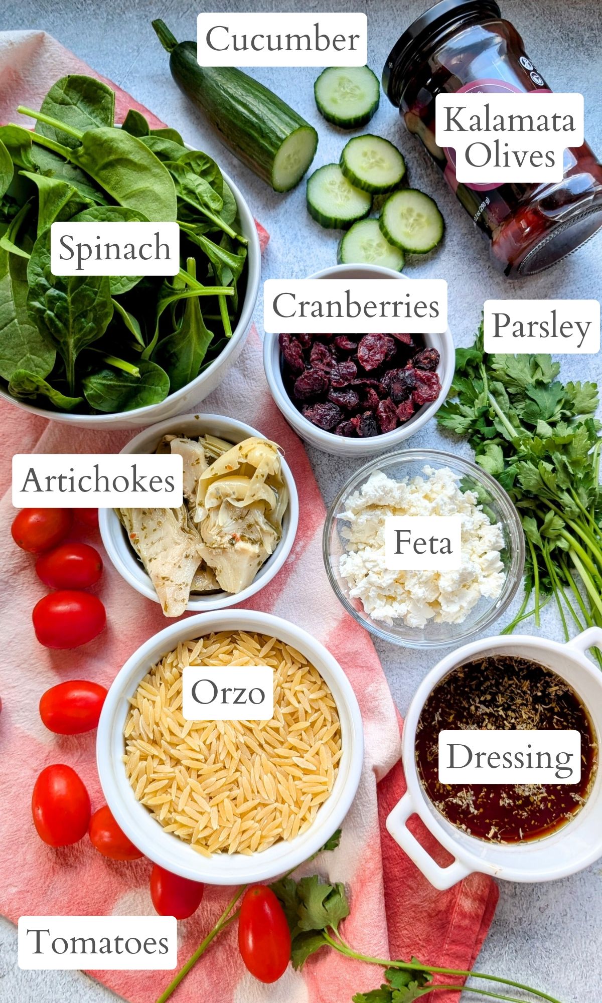 ingredients for cranberry pasta salad like orzo, spinach, feta cheese, artichokes, olives, and a homemade dressing