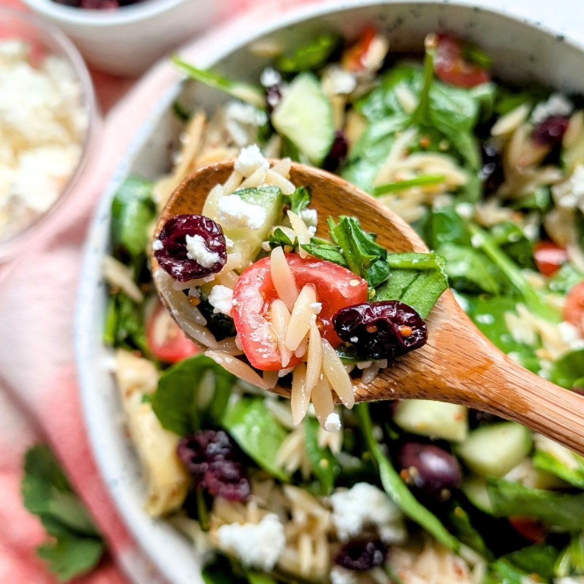 a spoon with orzo pasta, cranberries, tomatoes, spinach, and feta cheese holding up some pasta salad to be eaten.