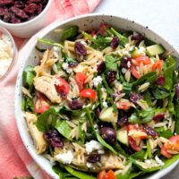 cranberry orzo pasta salad recipe with spinach and feta cheese and tomatoes