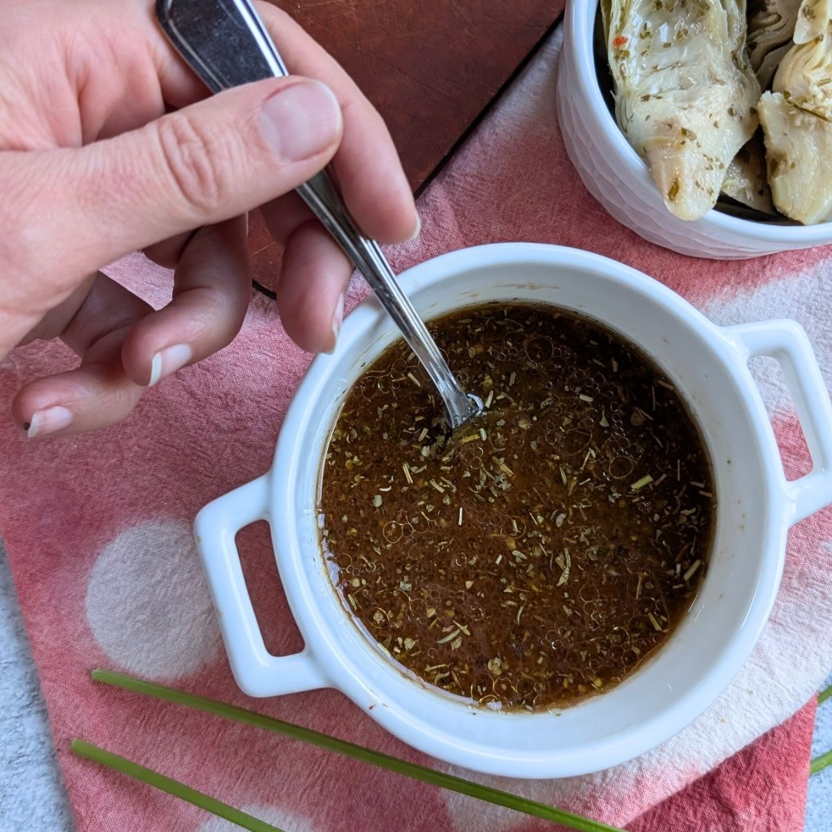 easy red wine vinaigrette dressing for orzo pasta salad with mustard, garlic, and olive oil.