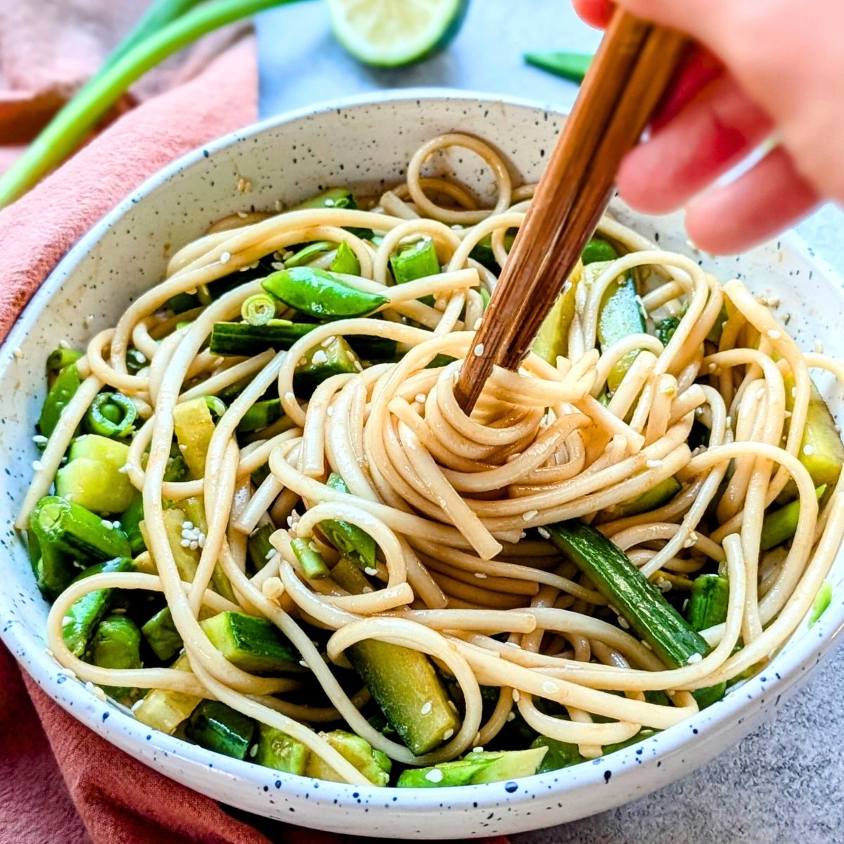 Udon Noodle Salad with Sesame Lime Dressing (No Peanuts)