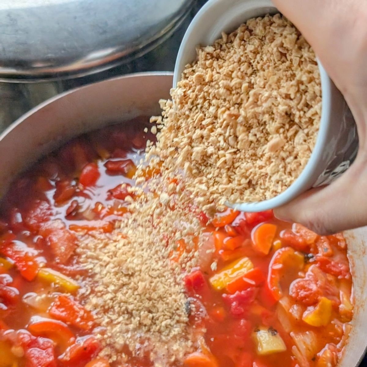 textured vegetable protein added to soup for a vegan stuffed pepper soup idea