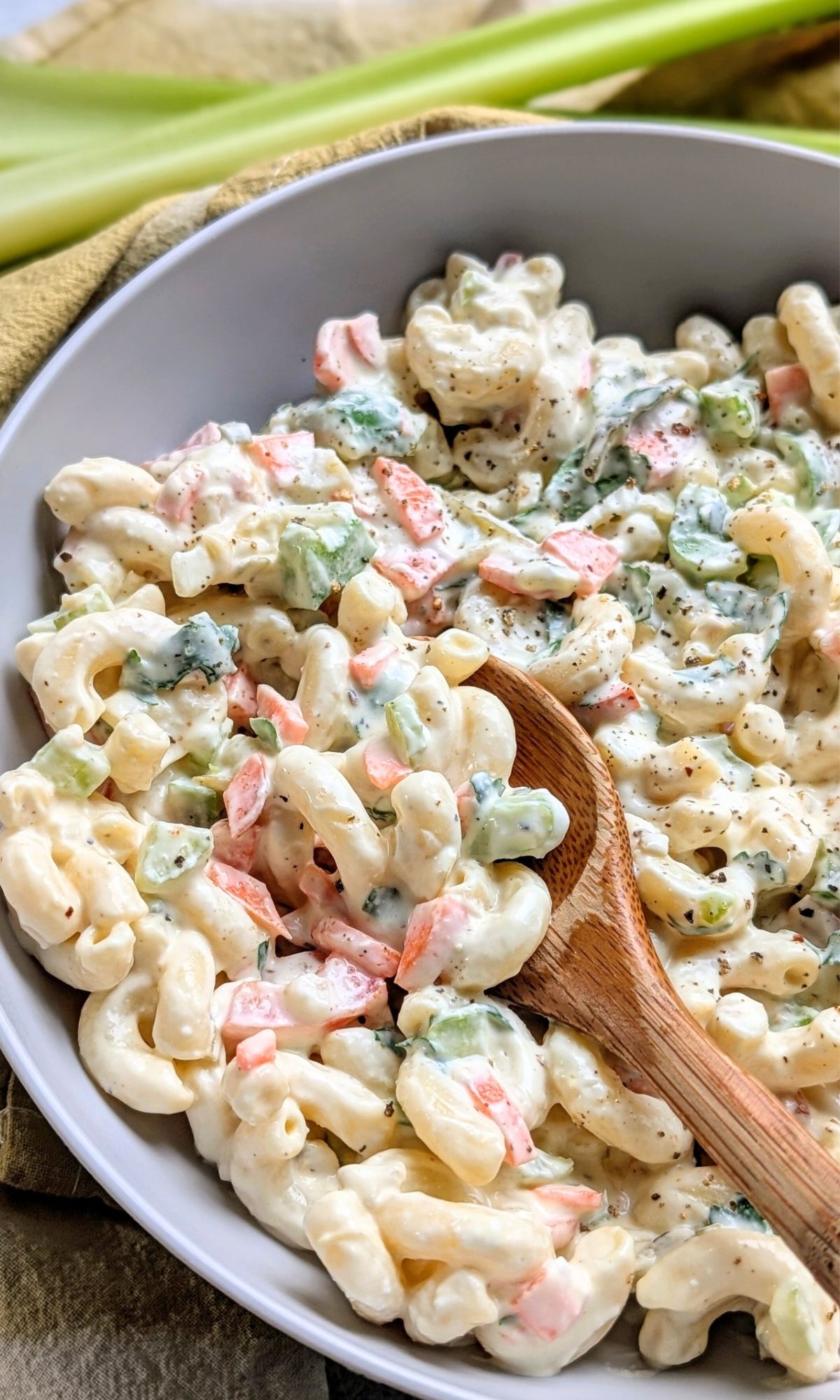 thick and creamy macaroni salad with greek yogurt and vegetables