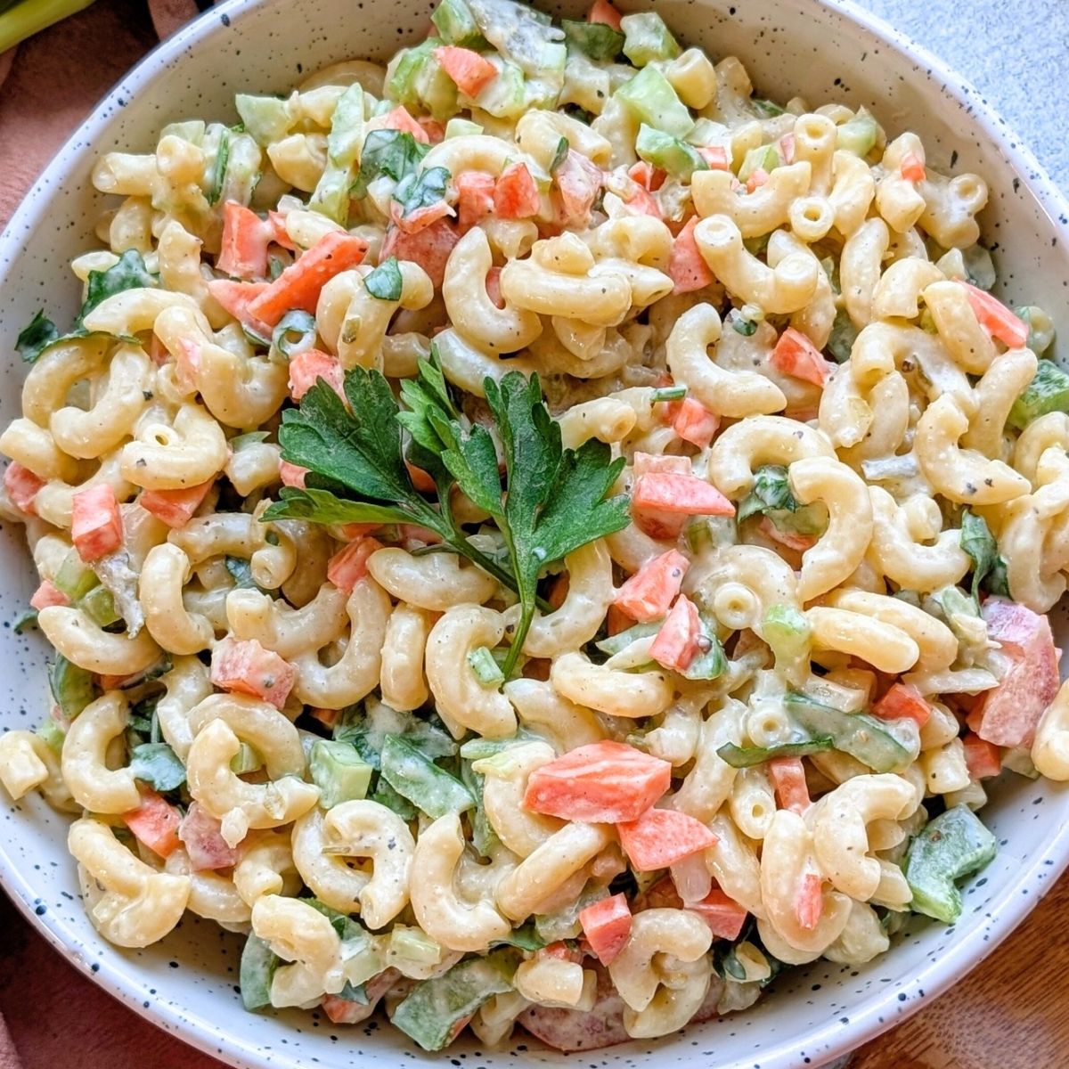 mayo free macaroni salad with ranch dressing and vinegar