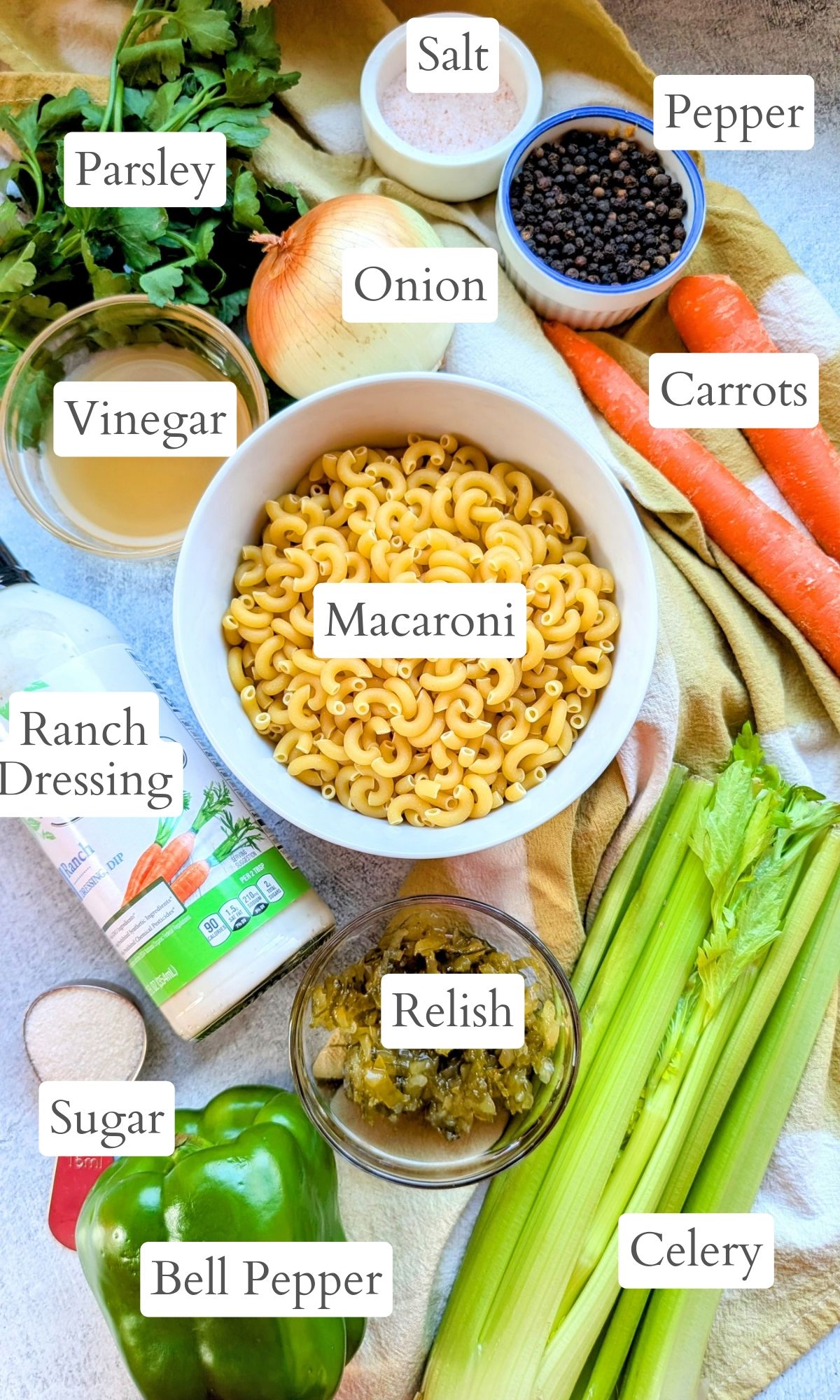 ingredients for ranch macaroni salad with vegetables for a bbq side dish