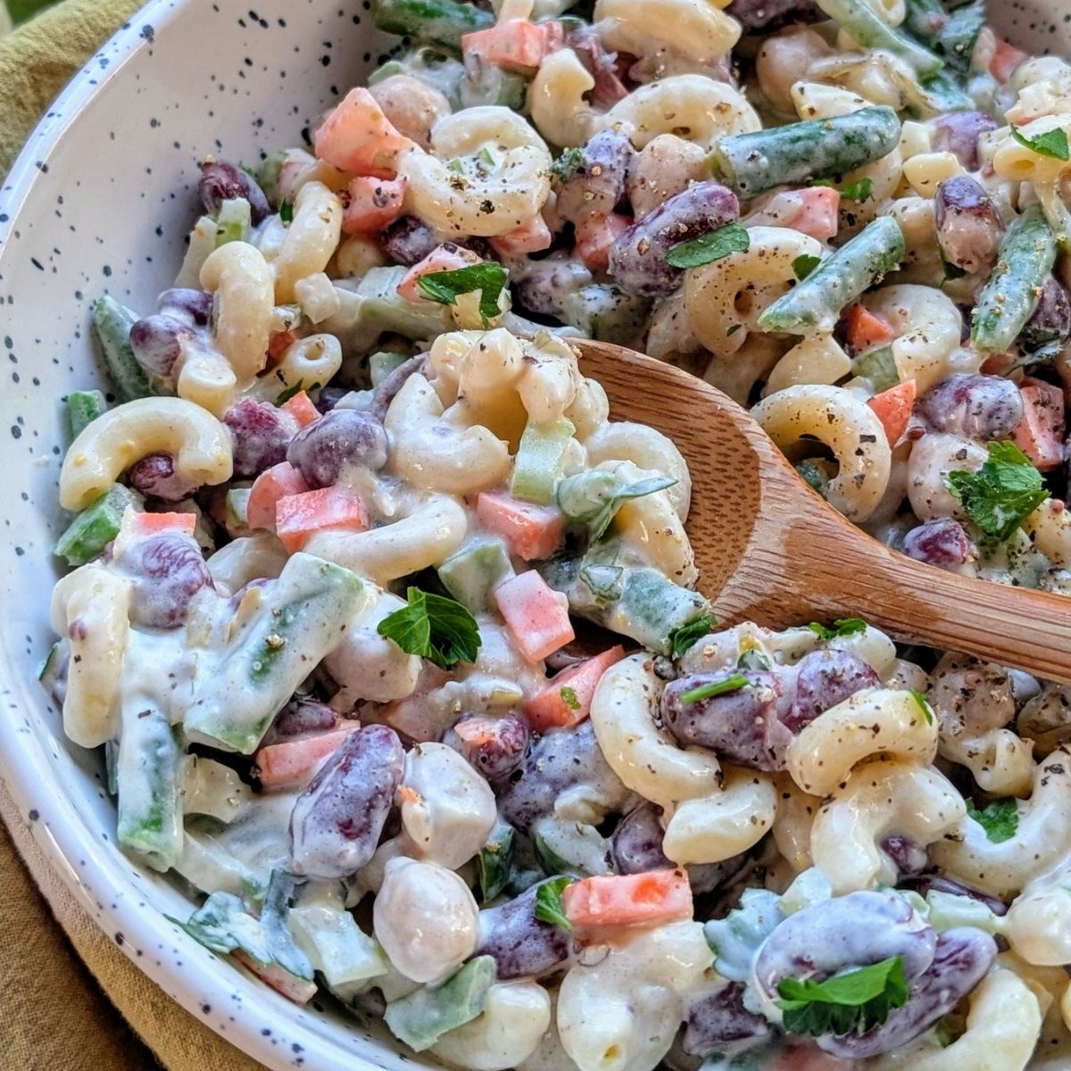 bean and macaroni salad recipe for lunch or a great vegetarian side dish idea with beans