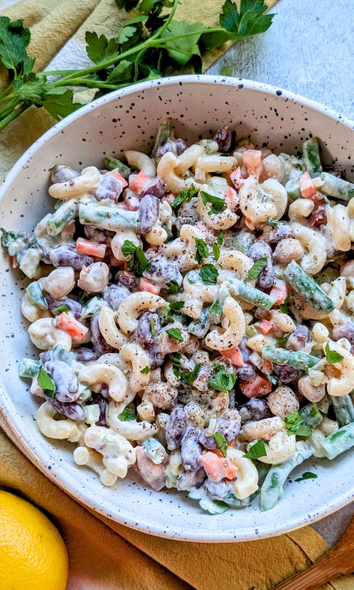 fresh bean and pasta salad recipe with garbanzos, kidney beans, and green beans with macaroni noodles