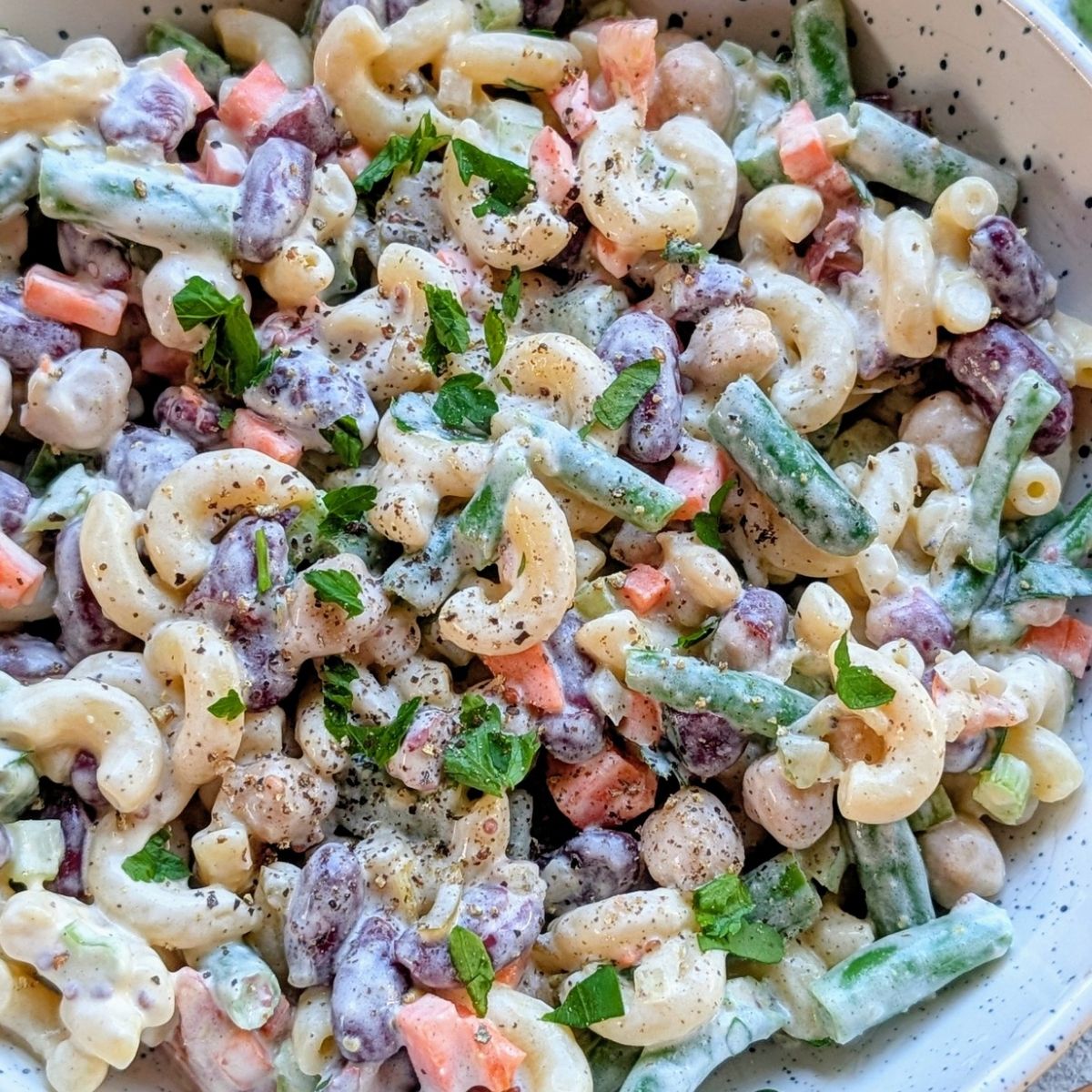 three bean macaroni salad recipe vegetarian vegan 3 bean salad with macaroni recipe healthy plant based three bean salad with kidney beans chickpeas and green beans and pasta salad plant based