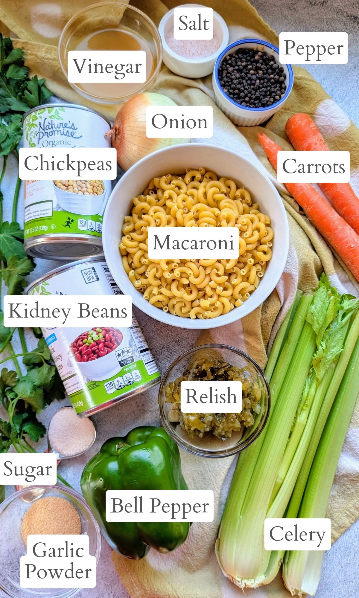 bean and nacaroni salad recipe with pasta, fresh vegetables, and carrots, celery.