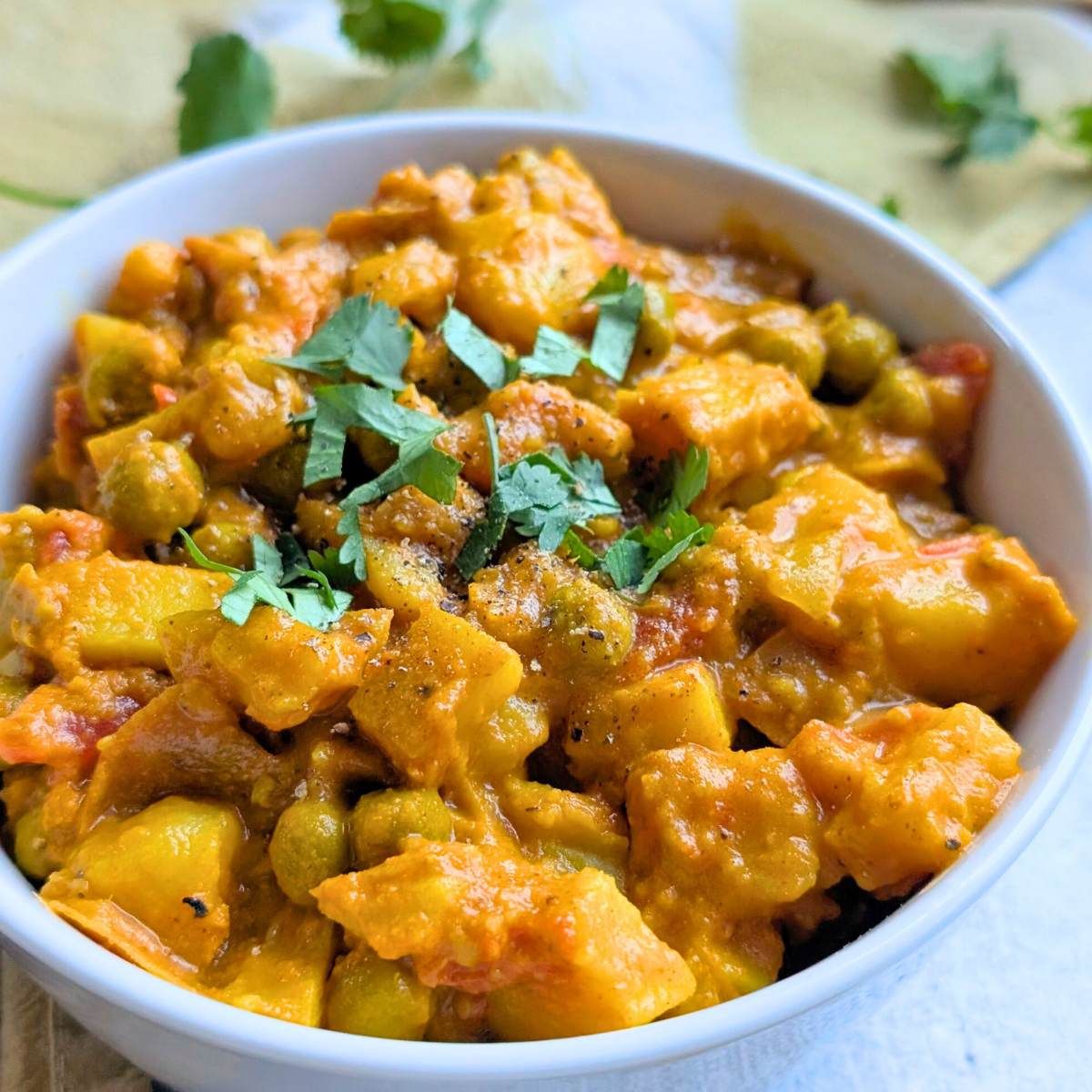 vegetarian aloo matar with coconut milk recipe creamy potato pea curry recipe healthy vegetarian vegan gluten free indian dinner curry recipes