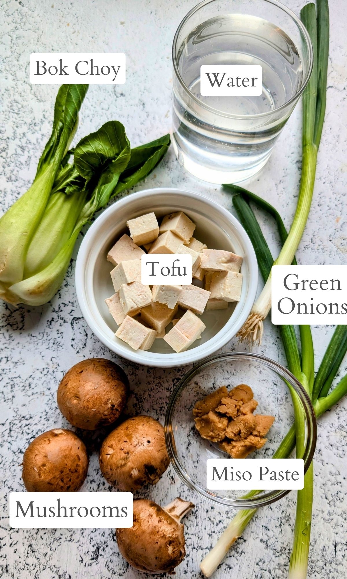 ingredients for miso soup with mushrooms like tofu, white miso paste, green onions, water, and bok choy.