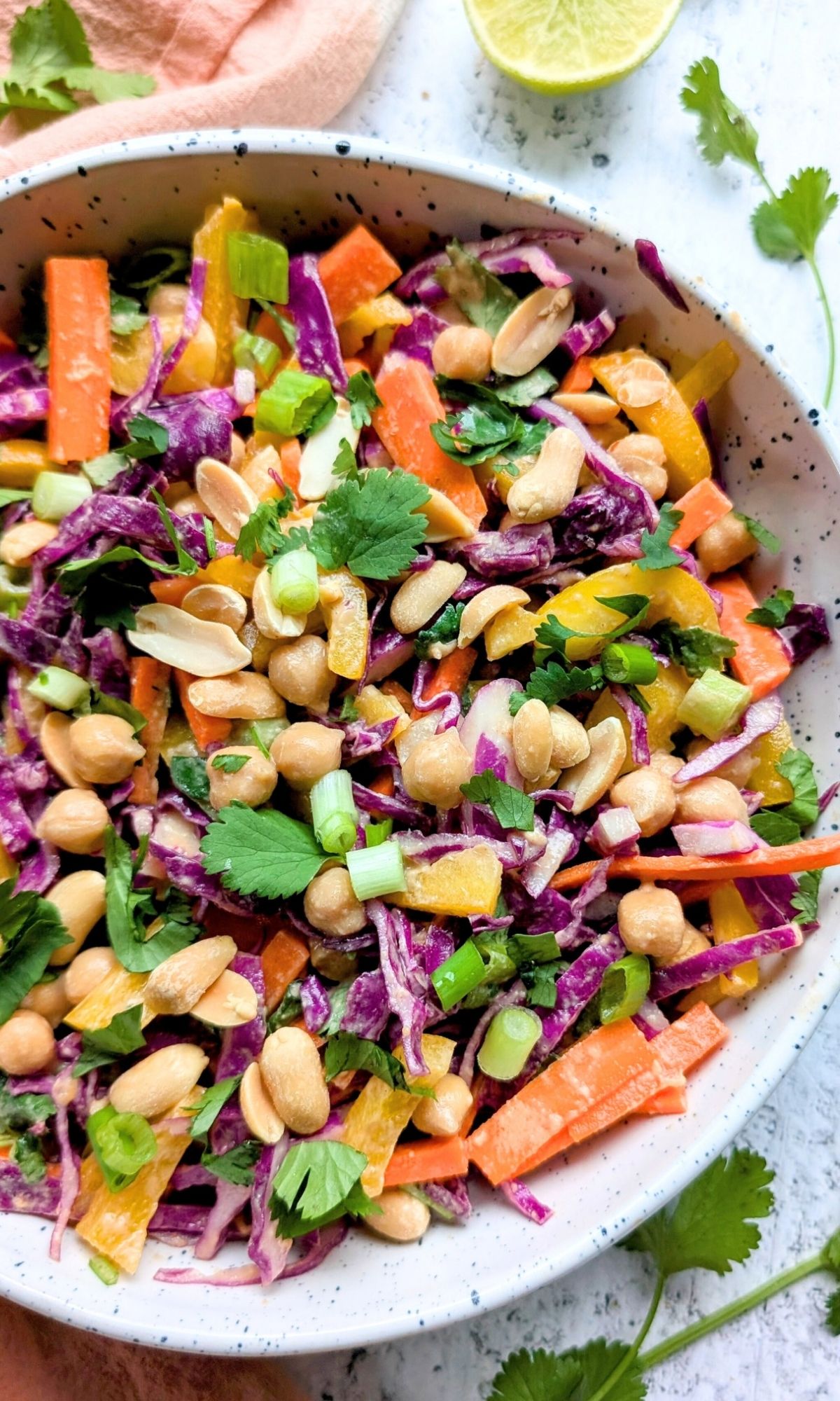 a bowl of vegan and vegetarian crunchy thai salad with chickpeas and cabbage and carrots with cilantro.