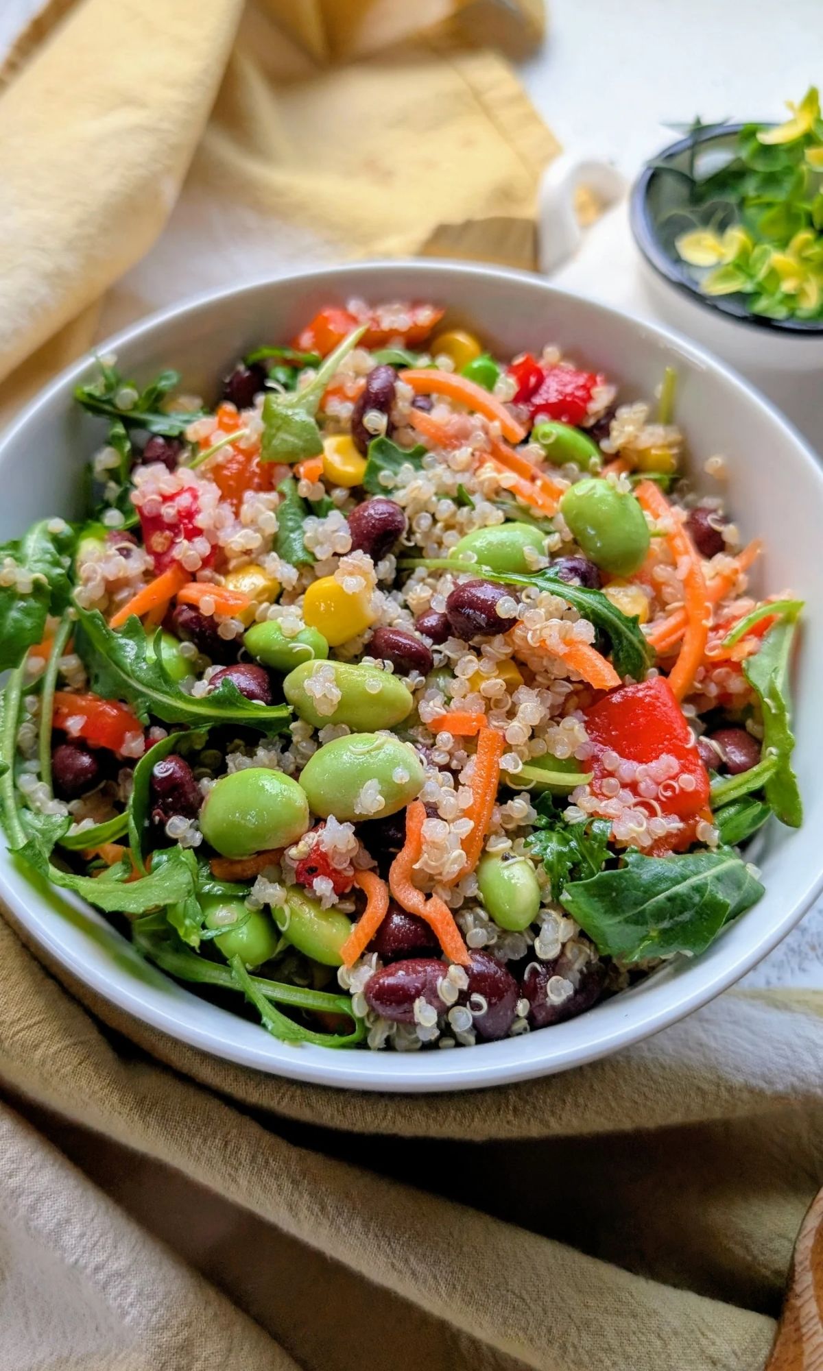 a bowl of rainbow quinoa salad with beans, edamame, red peppers, carrots, and lemon vinaigrette dressing.