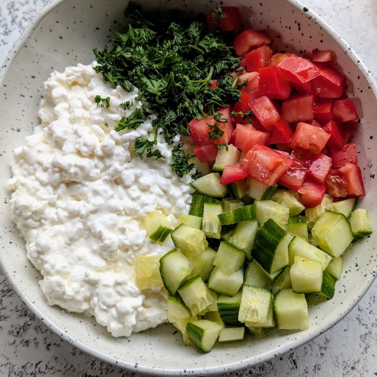 a bowl of cottage cheese with chopped tomatoes, diced cucumber, and fresh parsley