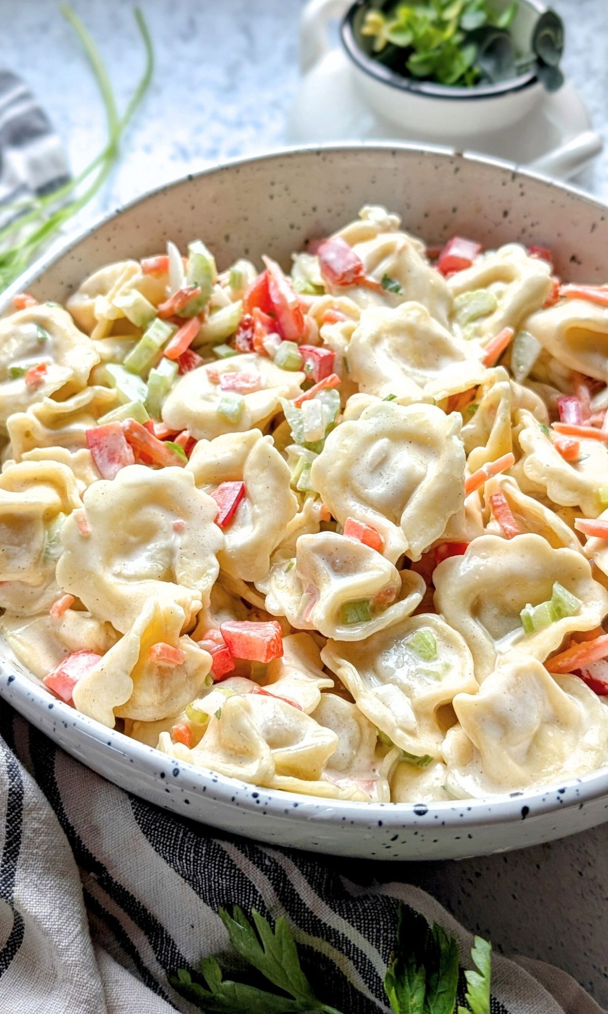 a bowl of creamy tortellini salad recipe with vegetables and a delicious macaroni salad dressing.